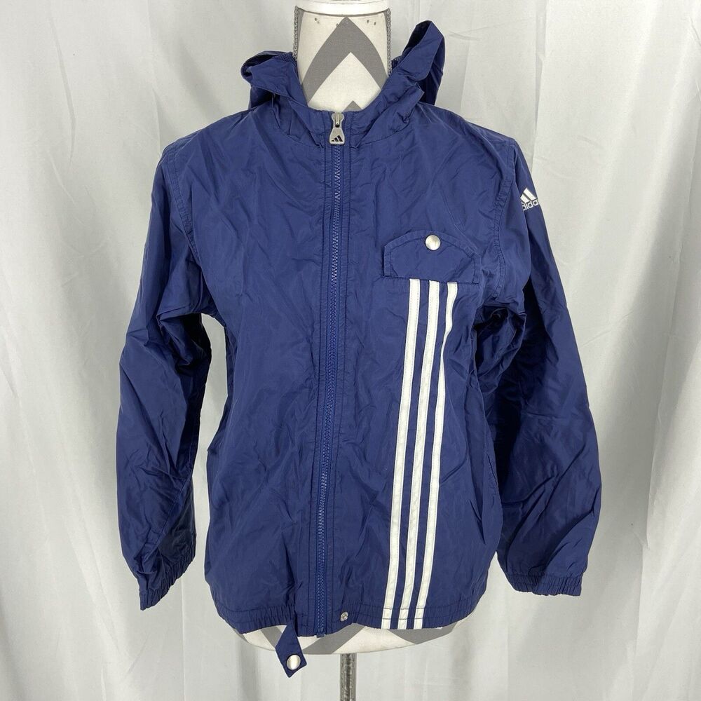 Adidas Jacket Womens Large Blue White Vintage Full Zip Up Hoodie Windbreaker